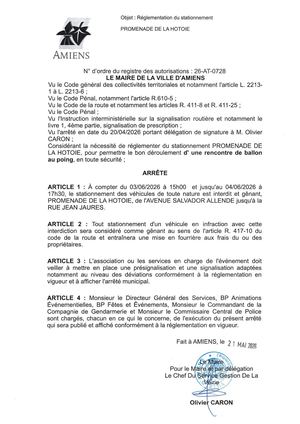 26 AT 0728 Réglementation Du Stationnement Promenade De La Hotoie Rencontre De Ballon Au Poind Du 03 06 Au 04 06 2026 - Publiée Le 30 06 2026