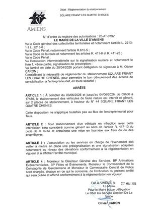 26 AT 0792  Réglementation Du Stationnement Square Friant Des 4 Chênes Du 03 06 2026 Au 04 06 2026 - Publiée Le 30 06 2026