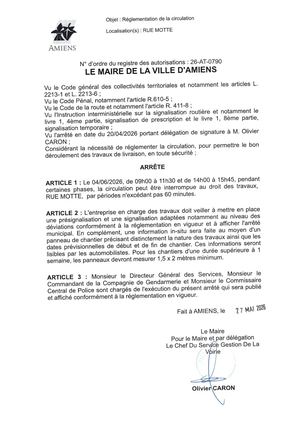 26 AT 0790 Réglementation De La Circulation Rue  Motte Le 04 06 2026 - Publiée Le 30 06 2026