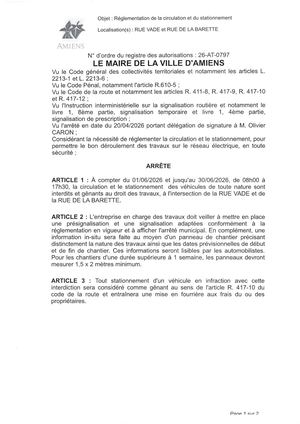 26 AT 0797 Réglementation Du Stationnement Et De La Circulation Rue Vade Et Rue De La Barette Du 01 06 2026 Au 30 06 2026 - Publiée Le 30 06 2026