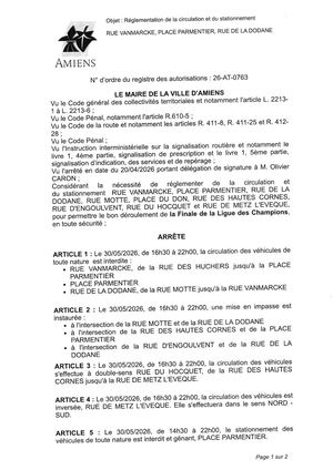 26 AT 0763 Réglementation Du Stationnement Et De La Circulation  Rue Vanmarcke Et Autres Finale De La Ligue Des Champions Le 30 05 2026 - Publiée Le 30 06 2026