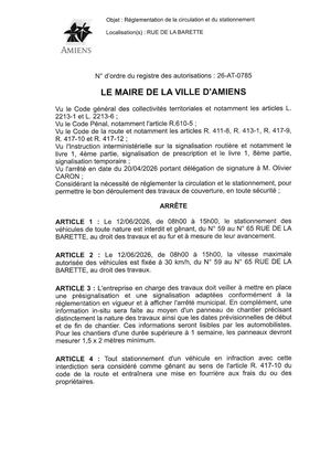 26 AT 0785 Réglementation Du Stationnement Et De La Circulation  Rue De La Barette Le 12 06 2026 - Publiée Le 30 06 2026