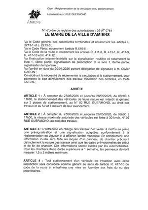 26 AT 0784 Réglementation Du Stationnement Et De La Circulation  Rue Guermond Du 27 05 2026 Au 28 05 2026 - Publiée Le 30 06 2026