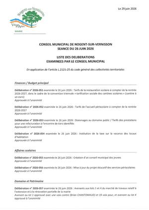 Liste des délibérations du 26.06.2026