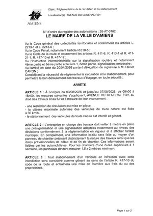 26 AT 0782 Réglementation Du Stationnement Et De La Circulation Avenue Du Général Foy Du 03 08 2026 Au 07 08 2026 - Publiée Le 30 06 2026