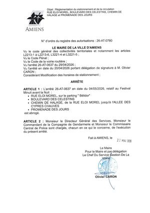 26 AT 0780 Réglementation Du Stationnement Et De La Circulation Rue Eloi Morel, Bld Des Celestins, Chemin Du Halage, Promenade Des Jours - Arrêté 26 AT 0637 Est Abrogé - Publiée Le 30 06 2026