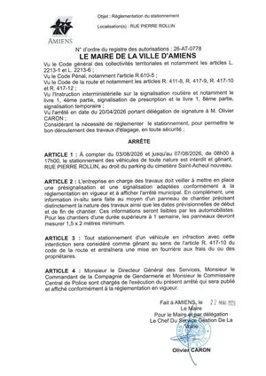 26 AT 0778  Réglementation Du Stationnement Rue Pierre Rollin Du 03 08 2026 Au 07 08 2026 - Publiée Le 30 06 2026