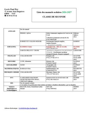 2026 2027 Liste des manuels scolaires
