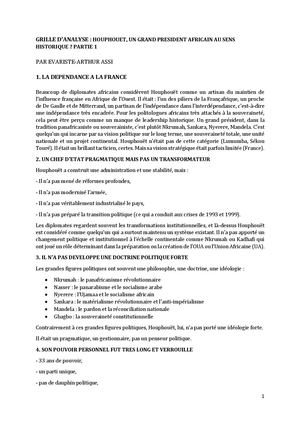 Grille D'analyse Houphouet, Un Grand President Africain Au Sens Historique Partie 1