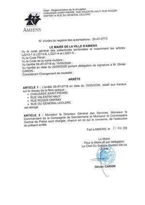 26 AT 0773 Réglementation De La Circulation  Chaussée Saint Pierre, Rue Valentin Hauy, Rue Roger Onfray Rue General Leclerc - Arrêté 26 AT 0718 Est Abrogé - Publiée Le 30 06 2026