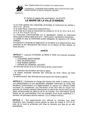 26 AT 0772  Réglementation De La Circulation Et Du Stationnement  Chaussée Saint Pierre, Rue Valentin Hauy, Rue Roger Onfray Rue General Leclerc Jusqu'au 31 05 2026 - Publiée Le 30 06 2026