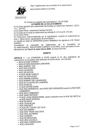 26 AT 0769 Réglementation De La Circulation Et Du Stationnement Boulevard Carnot & Autres Le 27 06 2026 - Publiée Le 30 06 2026