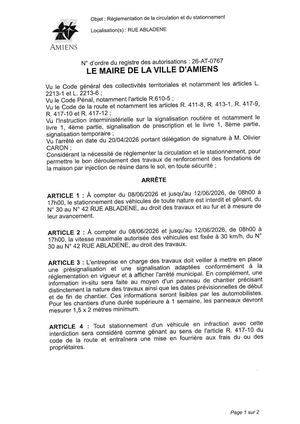 26 AT 0767 Réglementation De La Circulation Et Du Stationnement Rue Abladene Du 08 06 2026 Au 12 06 2026 - Publiée Le 30 06 2026