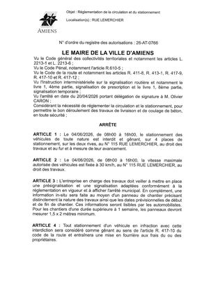 26 AT 0766 Réglementation Du Stationnement Et De La Circulation Rue Lemerchier Du 04 06 2026 - Publiée Le 30 06 2026