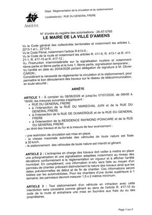 26 AT 0765 Réglementation Du Stationnement Et De La Circulation Rue Du General Frere Du 08 06 2026 Au 07 07 2026 - Publiée Le 30 06 2026