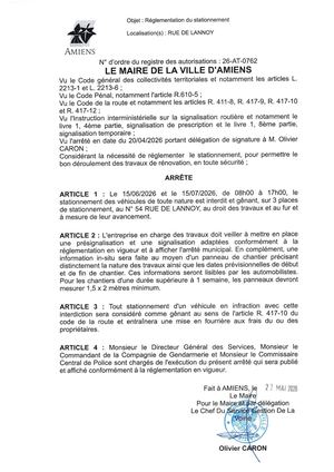 26 AT 0762 Réglementation Du Stationnement Rue De Lannoy Du 15 06 2026 Au 15 07 2026 - Publiée Le 30 06 2026