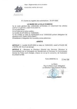 26 AP 0080 Réglementation  De La Circulation Place De L'hôtel De Ville - Arrêté 25 AP 0052 Est Abrogé - Publiée Le 30 06 2026