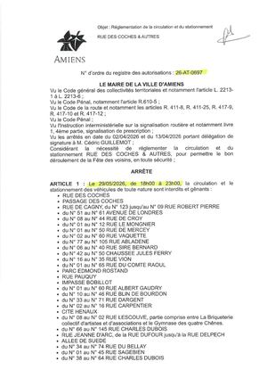 26 AT 0697 Réglementation Du Stationnement Et De La Circulation Rue Des Coches & Autres Le 29 05 2026 De 18h à 23h - Publiée Le 30 06 2026