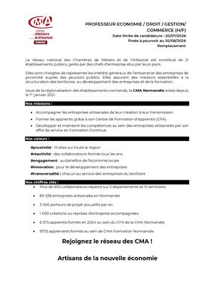 Offre Professeur Economie Droit Gestion Commerce Cifac