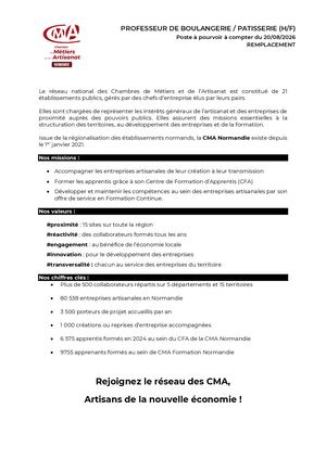 Offre Professeur Boulangerie Pâtisserie Cifac
