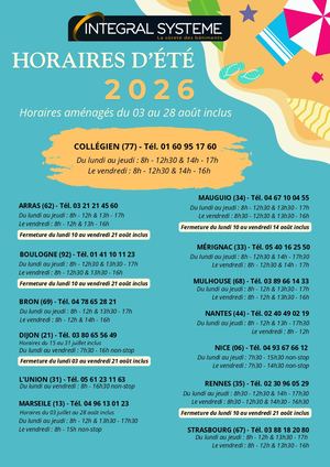 Horaire Été 2026 - INTEGRAL SYSTEME