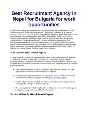 Best Recruitment Agency In Nepal For Bulgaria For Work Opportunities