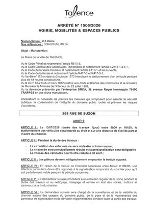 Arrete 1506-2026-Manutention 268 Rue De Suzon Le 13-07-2026-Publié Le 30 06 2026
