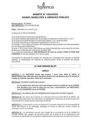 Arrete 1524-2026-Utilisation Camion Grue 31 Rue G Blot Le 15-07-2026-Publié Le 30 06 2026