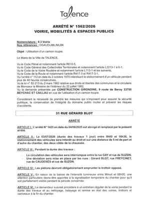 Arrete 1562-2026-Utilisation Camion Toupie 31 Rue G Blot Le 03-07-2026-Publié Le 30 06 2026