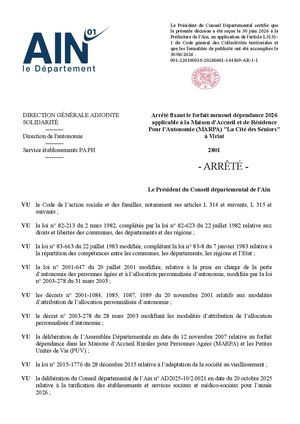 Arrêté Fixant Le Forfait Mensuel Dépendance 2026 Applicable à La Maison D'accueil Et De Résidence Pour L'autonomie (Marpa) La Cité Des Séniors à Viriat