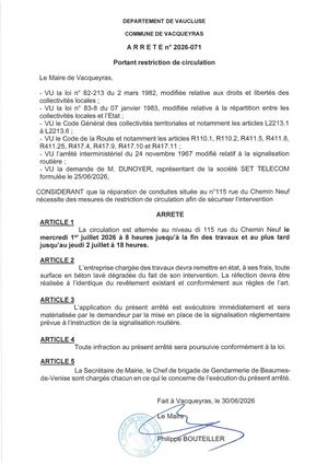 Arrêté Chemin Neuf 1 Et 2 Juillet