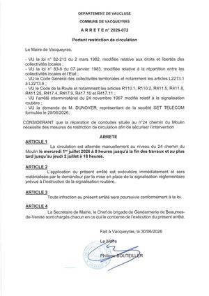 Arrêté Chemin Du Moulin 1 Et 2 Juillet