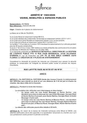 Arrete 1583-2026-Creation Place Stationnement Rue Lafitte Du 06-07 Au 10-07-2026-Publié Le 30 06 2026