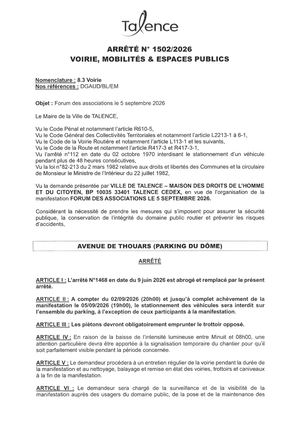 Arrete 1502-2026-Forum Des Associations Avenue De Thouars Du 2 Au 9-09-2026-Publié Le 30 06 2026
