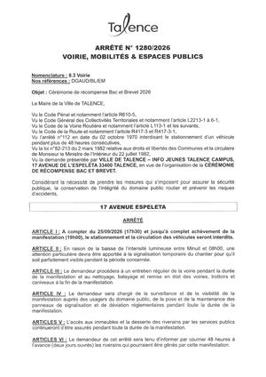 Arrete 1280-2026-Ceremonie Recompense Bac Et Brevet Le 25-09-2026-Publié Le 30 06 2026
