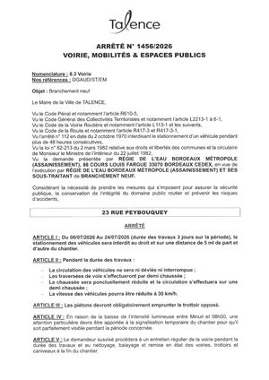 Arrete 1456-2026-Branchement Neuf 23 Rue Peybouquey Du 6 Au 27-07-2026-Publié Le 30 06 2026