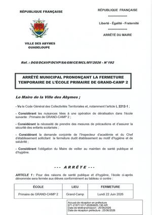 Arrêté n° 192 Fermeture Temporaire Ecole