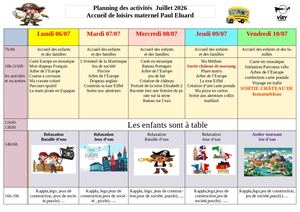 Planning maternel Eluard juillet 2026