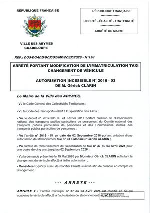 Arrêté N°194 - Taxi CLARIN Suite CL