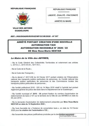 Arrêté N°197 - Taxi Rose Marie NESTAR Suite CL