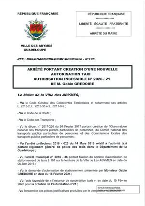 Arrêté N°196 - Taxi GREDOIRE Suite CL