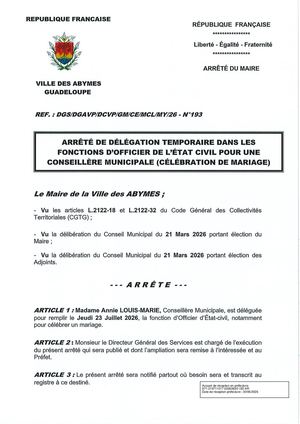 Arrêté N°193 Célébration Mariage Louis Marie