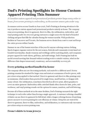 Dad's Printing Spotlights In-House Custom Apparel Printing This Summer