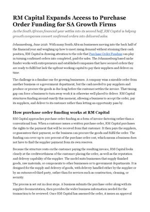RM Capital Expands Access to Purchase Order Funding for SA Growth Firms