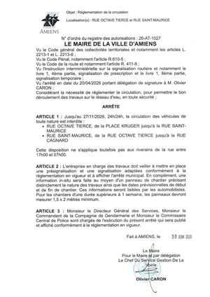 26 AT 1027 Réglementation De La Circulation Rue Octave Tierce Et Rue Saint Maurice Jusqu'au 27 11 2026 - Publiée Le 01 07 2026