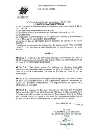 26 AT 1026 Réglementation Du Stationnement Rue Lienard Lesecq Du 07 07 2026 Au 08 07 2026 - Publiée Le 01 07 2026