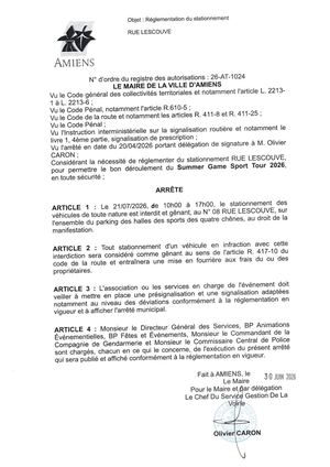 26 AT 1024  Réglementation Du Stationnement Rue Lescouvé Le 21 07 2026 - Publiée Le 01 07 2026