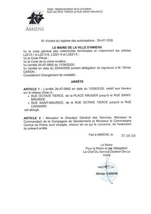 26 AT 1028  Réglementation De La Circulation Rue Octave Tierce Et Rue Saint Maurice - Arrêté 26 AT 0892 Est Abrogé - Publiée Le 01 07 2026