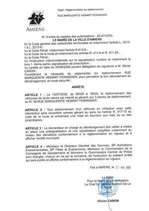26 AT 0753 Réglementation Du Stationnement Rue Marguerite Hemart Ferandier Le 15 07 2026 - Publiée Le 01 07 2026
