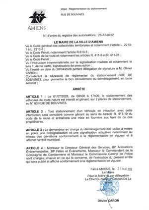 26 AT 0752 Réglementation Du Stationnement Rue De Bouvines Le 01 07 2026 - Publiée Le 01 07 2026